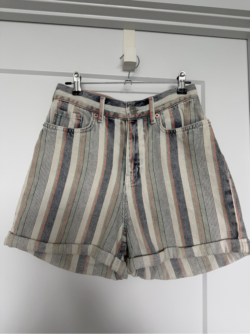 BDG Striped High-Rise Jean Shorts - Cream, Gray, Rust